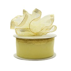 1.5 Inch Lt. Yellow Organza Pull Bow Ribbon With 4 Rows of Gold Stripe Accents, 25 Yards (Lot of 1 Spool) SALE ITEM